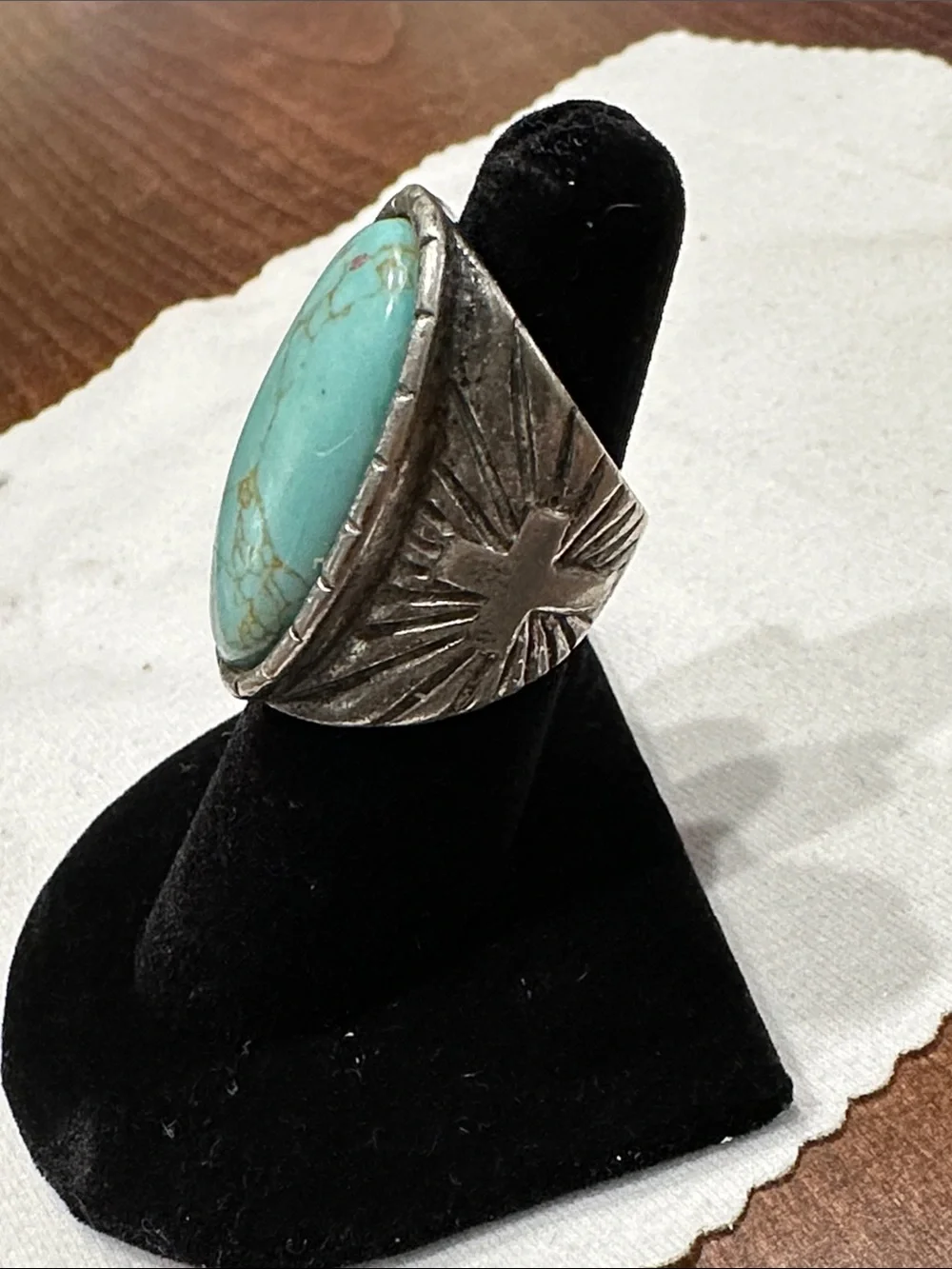 Vintage Southwestern Silver-Tone Cross Ring Turquoise-Color Cabochon Sz 5-3/4